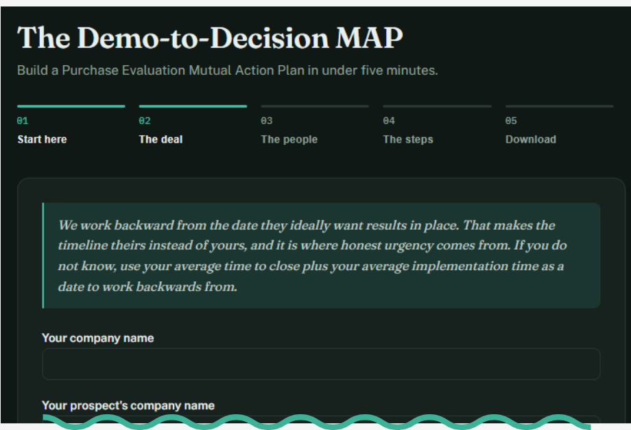 The Demo-to-Decision MAP builder, showing the purchase evaluation steps, owners and dates for a deal