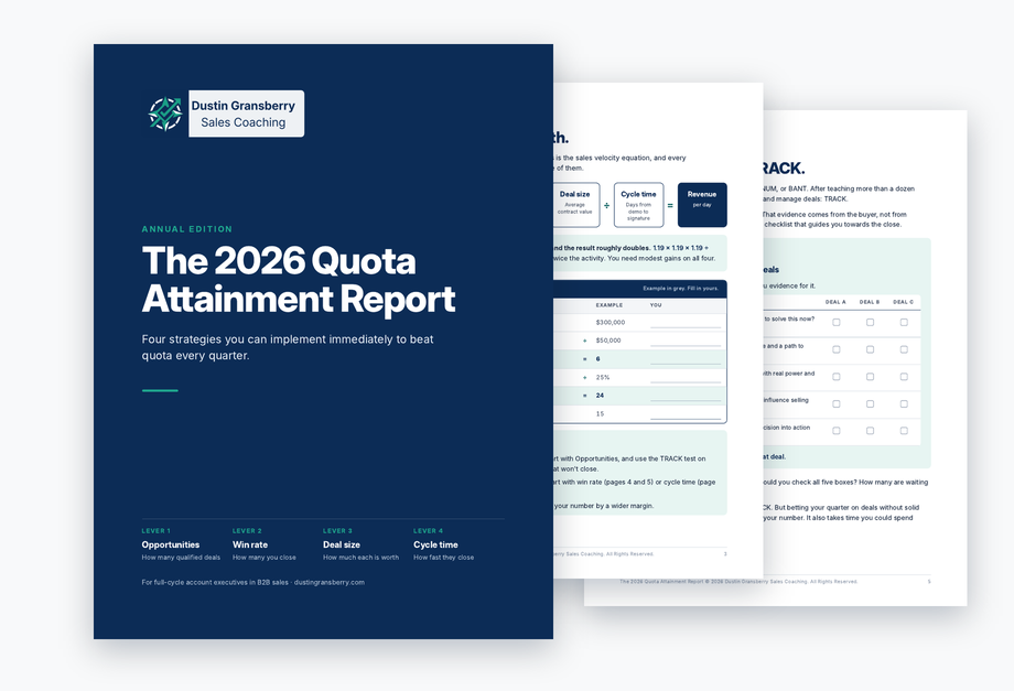 Pages from The 2026 Quota Attainment Report: the cover, the run-your-numbers worksheet, and the TRACK scorecard